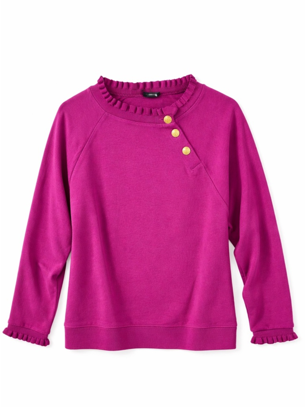 Talbots Sweatshirt Pink Ruffle Neck Cotton Pullover Gold Button Preppy XL